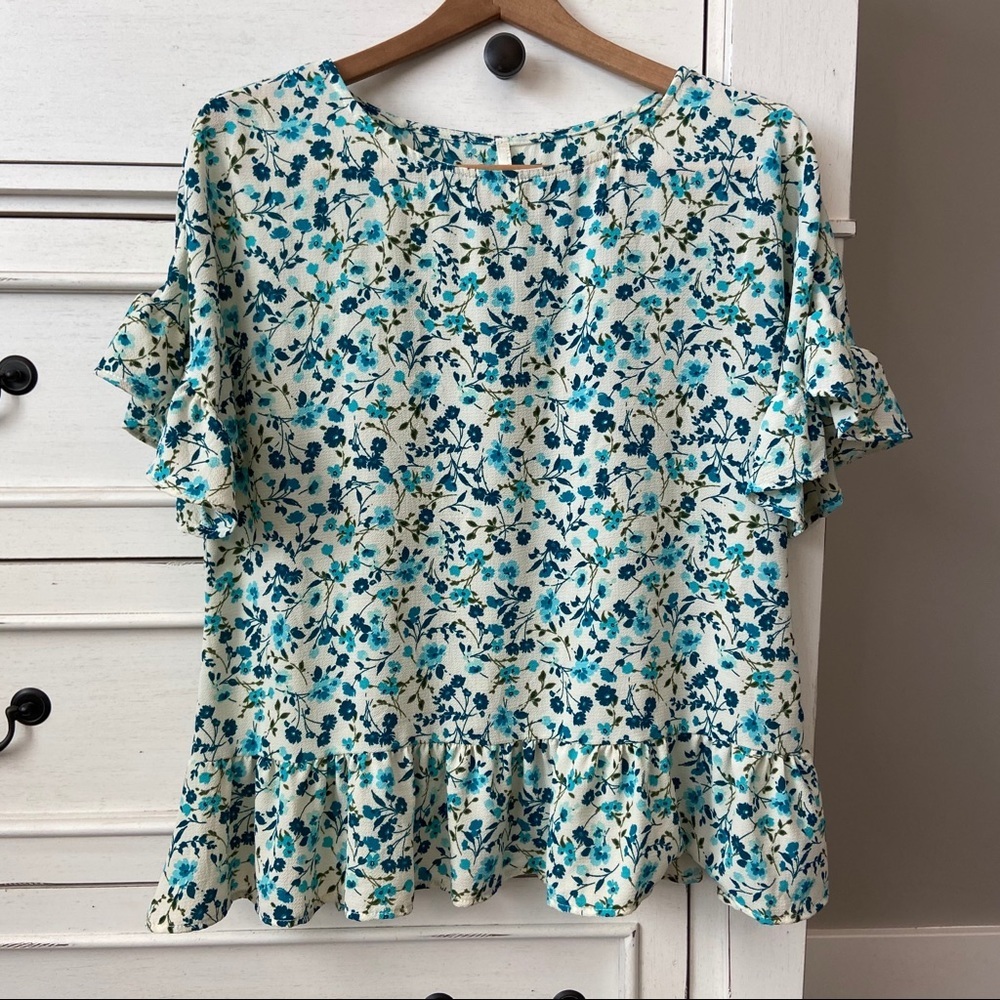 Red Lolly Blue Blouse with Ruffled Bottom. Size Small. EUC